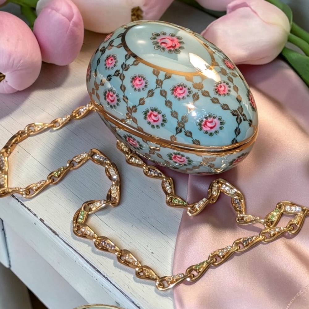 Shiny Designer Necklace W/ Pastel Rhinestones & Easter Egg Trinket Dish
